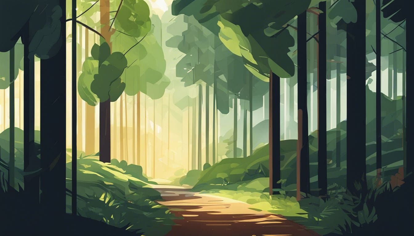 Een wandelaar in een rustig bos, de schoonheid van de natuur ervaren.