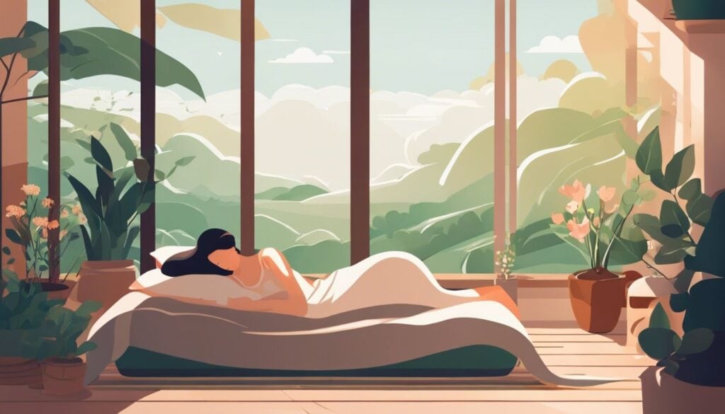 Een vrouw slaapt op een comfortabel boekweitkussen met verse bloemen en groene planten in de kamer.