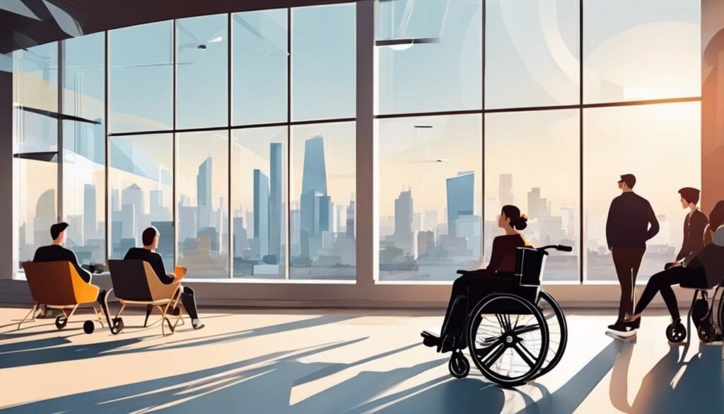 Een moderne en stijlvolle rolstoel in een ruime en goed verlichte kunstgalerij, met een diverse groep mensen die genieten van de kunst en met elkaar praten.