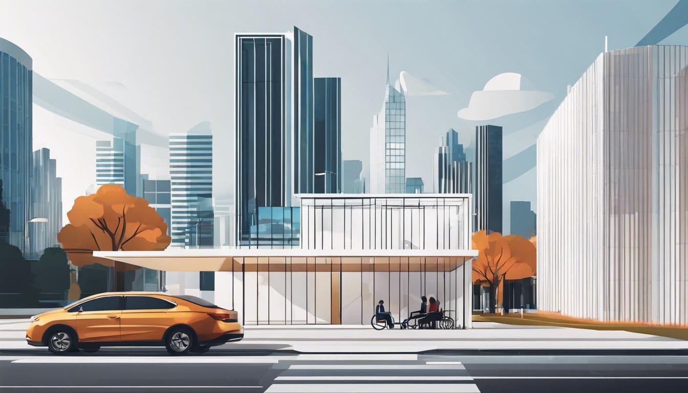 Een rolstoel bij de ingang van een modern gebouw, met een stadsgezicht op de achtergrond.