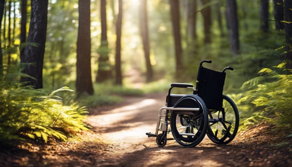 Een aangepaste rolstoel verkent de natuurlijke omgeving op een sereen buitenpad.