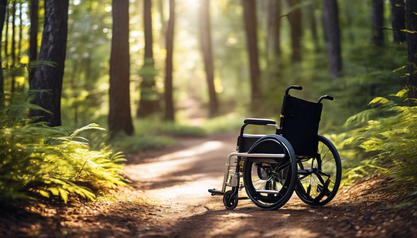 Een aangepaste rolstoel verkent de natuurlijke omgeving op een sereen buitenpad.