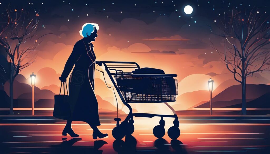 Een oude vrouw loopt 's nachts met een rollator, straalt vastberadenheid en doorzettingsvermogen uit.