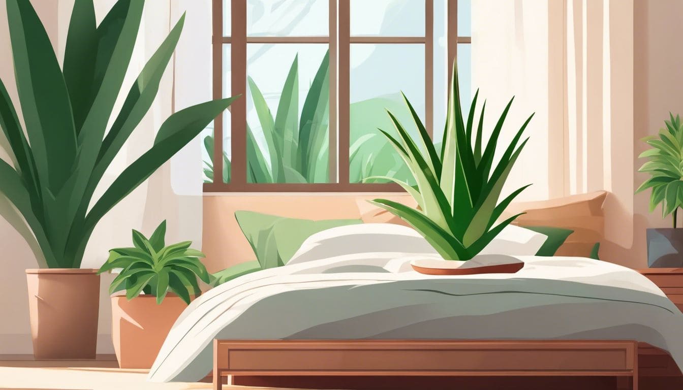 Een aloë vera plant op een zacht kussen in een rustige slaapkamer.