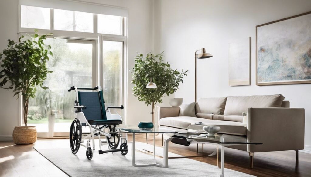 Een rolstoel met een afneembare beensteun in een ruime en moderne woonkamer.