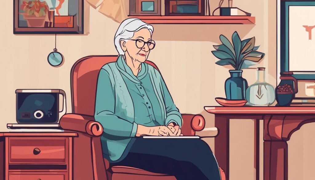 Een oudere vrouw draagt een medisch alarmknop en voelt zich veilig en comfortabel thuis.