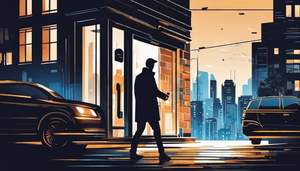 Een persoon gebruikt een Clavisio sleutelkluis bij de ingang van hun huis, met de stad op de achtergrond.