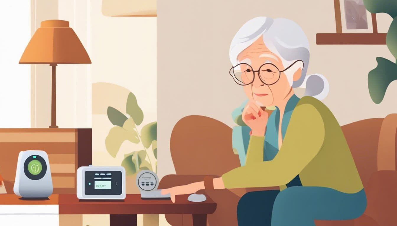 Een oude vrouw drukt op een <a href=