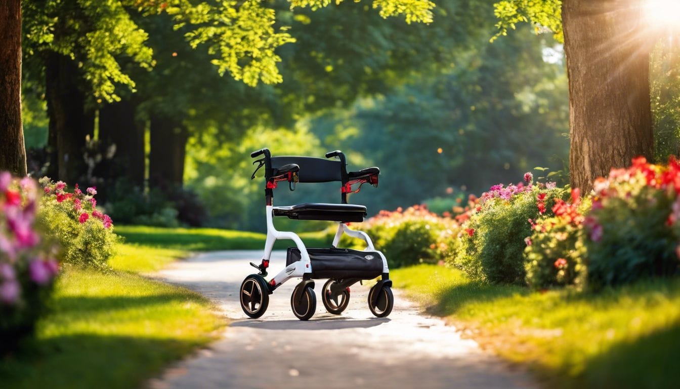 Een persoon gebruikt zelfverzekerd de U-Step Parkinson Rollator in een sereen park, omringd door bloemen en bomen.