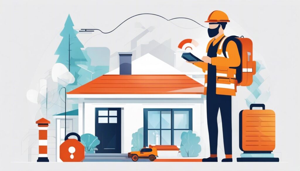 Een modern huis met iemand die een persoonlijk alarm draagt, omringd door veiligheidsuitrusting, benadrukt het belang van thuisveiligheid en -beveiliging.