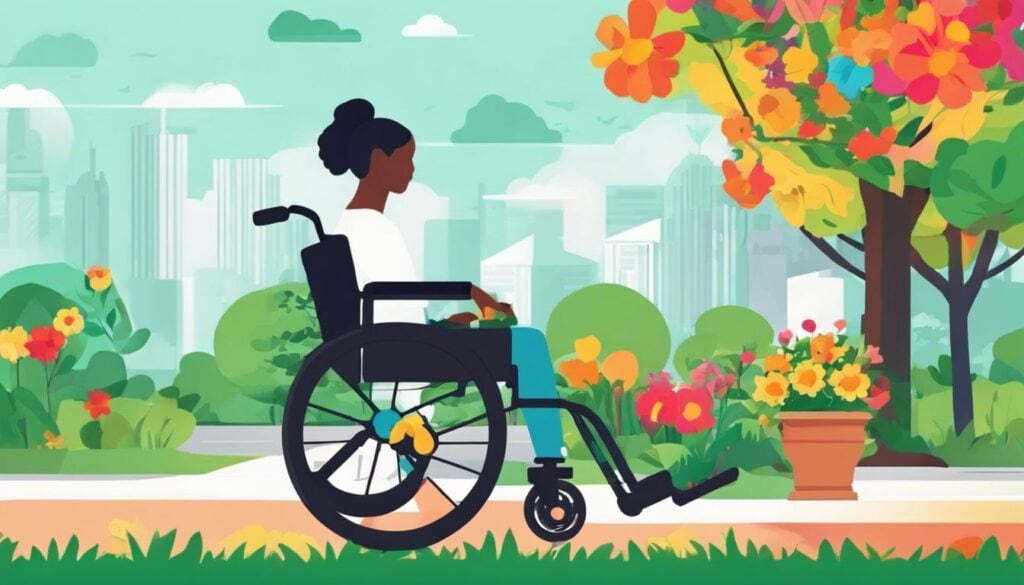 Een persoon in een rolstoel navigeert door het park tussen bloeiende bloemen.