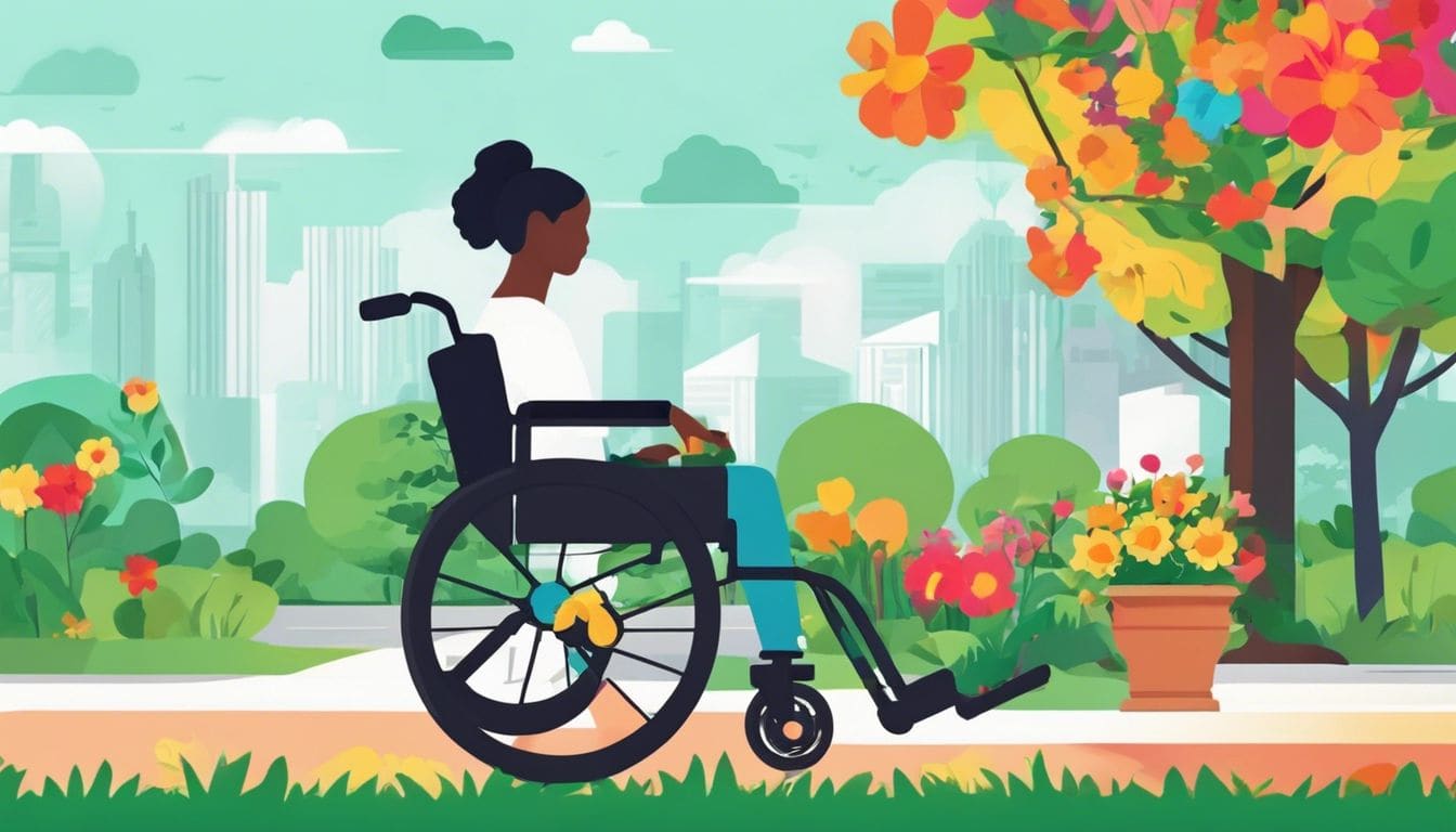 Een persoon in een rolstoel navigeert door het park tussen bloeiende bloemen.