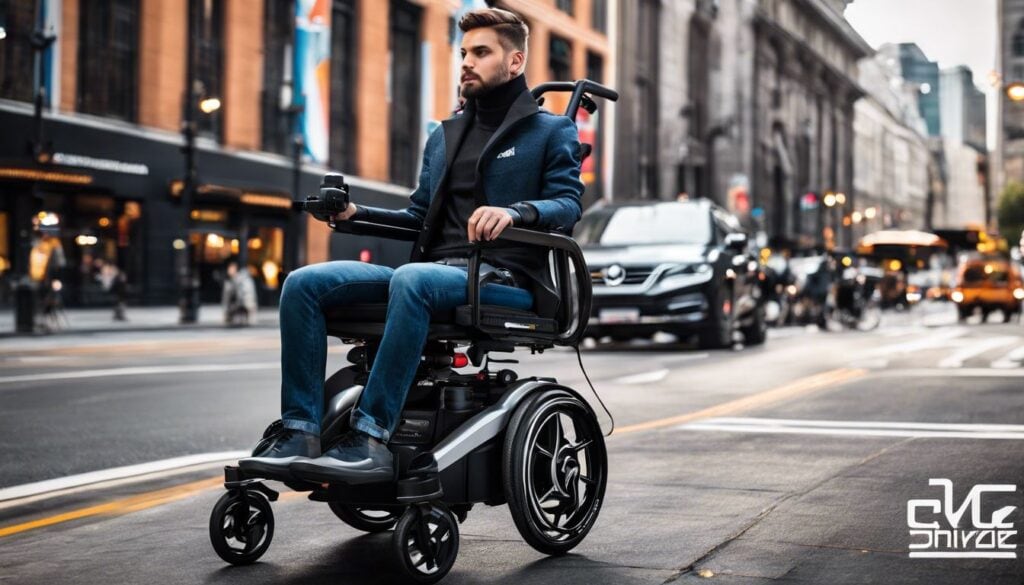 Een persoon navigeert moeiteloos door een drukke stad met de E-Drive rolstoelsysteem.