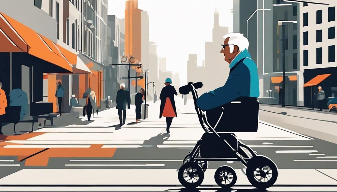 Een oudere persoon gebruikt een rollator in een moderne stedelijke omgeving.