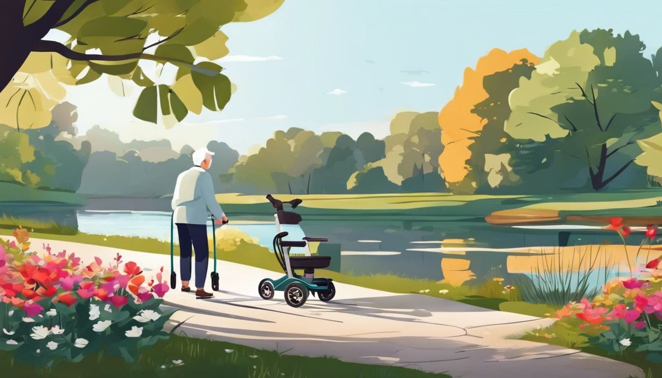 Een oudere persoon geniet van een rustige wandeling in het park met een <a href=