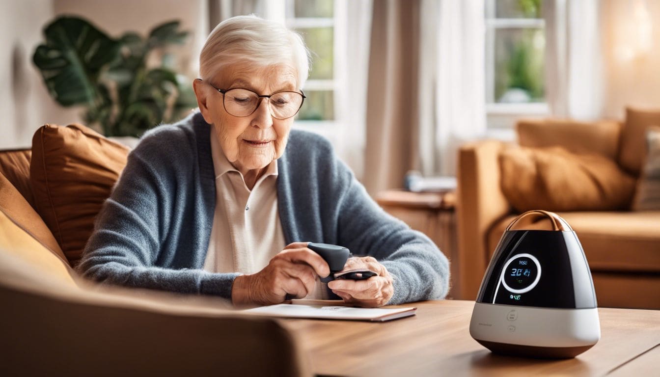 Een ouder persoon gebruikt de Eurocross Personal Alarm in een gezellige woonkamer.