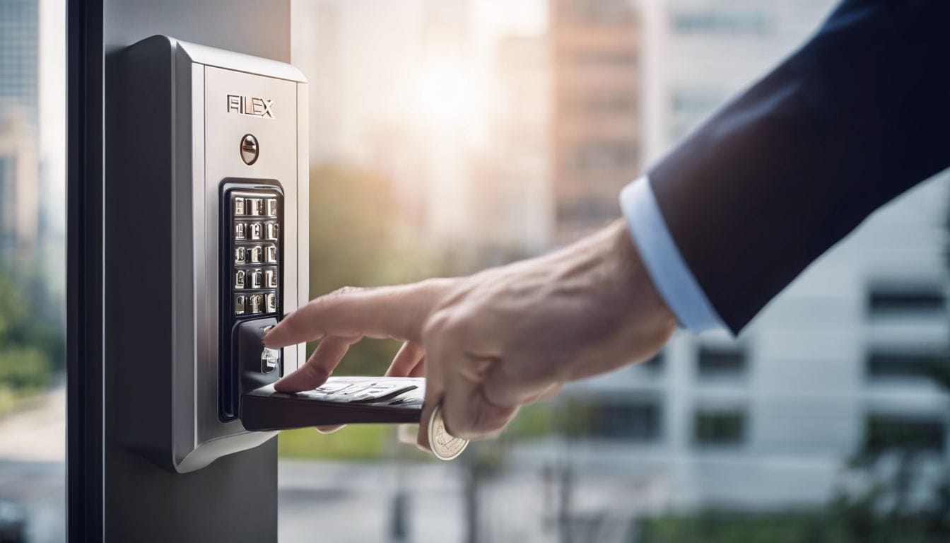 Een hand steekt sleutels in de Filex Security CR sleutelkluis bij een modern kantoorgebouw.