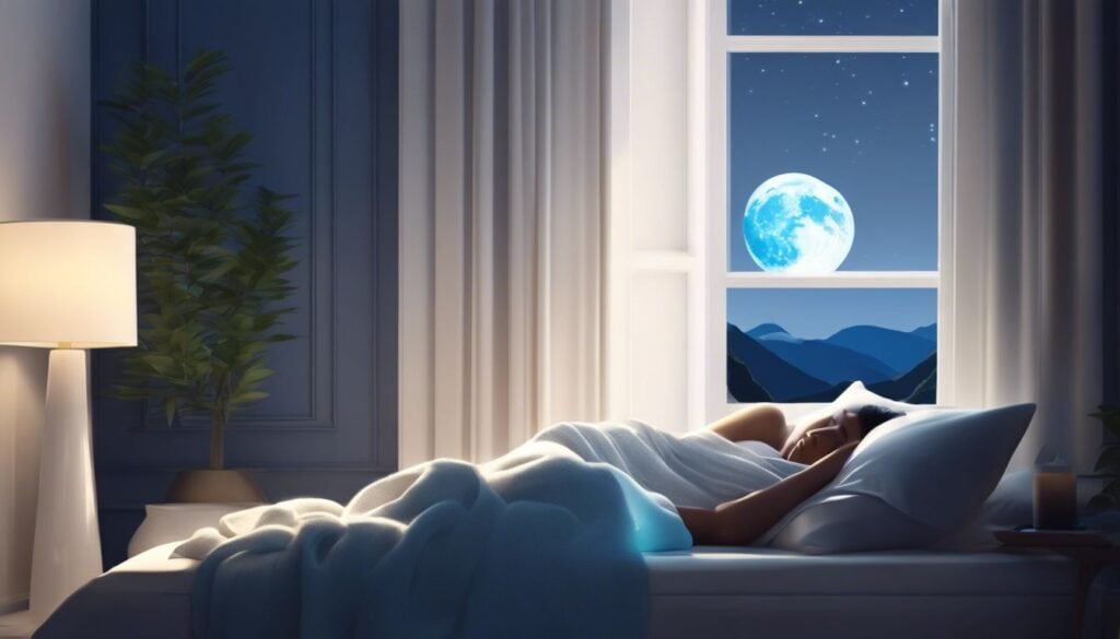 Een persoon slaapt vredig op een verkoelend gelkussen in een rustige slaapkameromgeving.