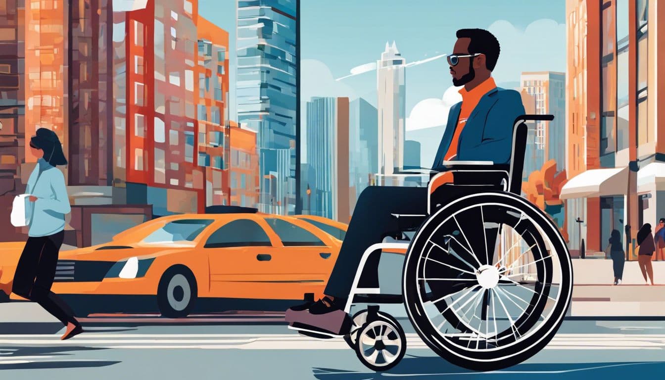 Een persoon gebruikt een Handicare rolstoel in een moderne stad.