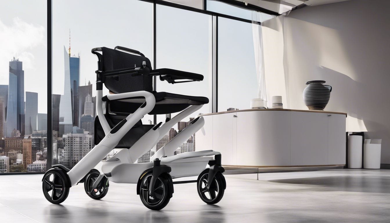 Een oudere persoon test verschillende rollator modellen in een moderne showroom met een stadsgezicht op de achtergrond.