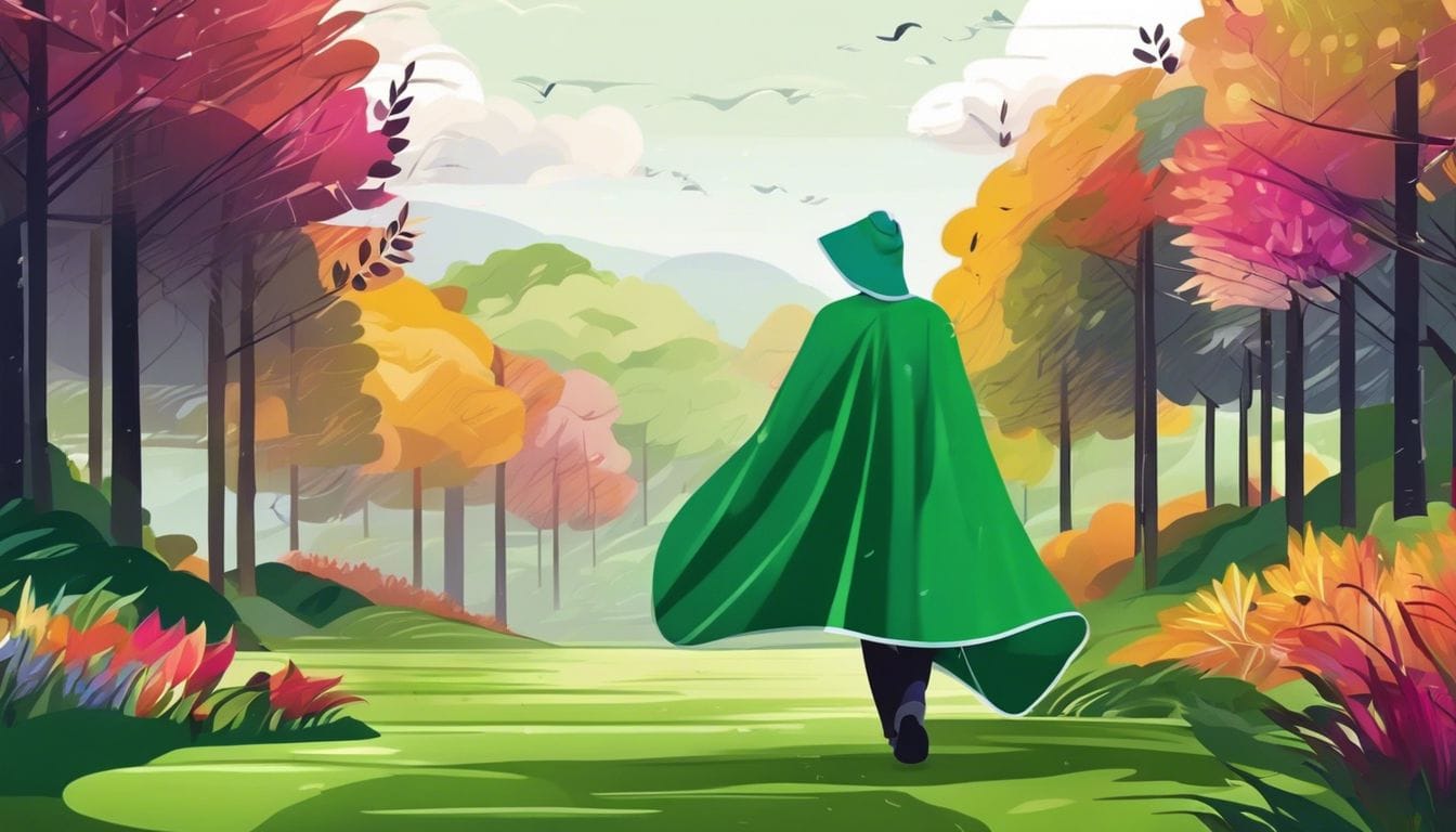 Een waterdichte regenponcho wordt netjes opgevouwen in een groen park terwijl een persoon rustig wandelt.