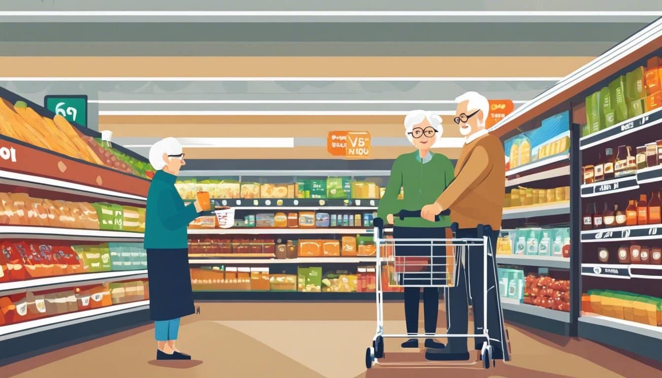 Een ouder echtpaar loopt met een rollator door de gangpaden van de Hoogvliet supermarkt, terwijl diverse winkelende mensen in de achtergrond te zien zijn, wat de gemeenschapsgeest en ondersteuning weergeeft.
