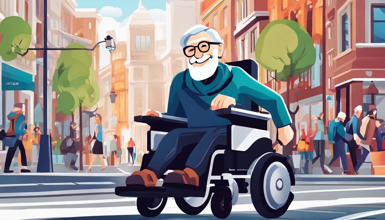 Een oudere persoon navigeert vrolijk door de stad in een elektrische rolstoel.