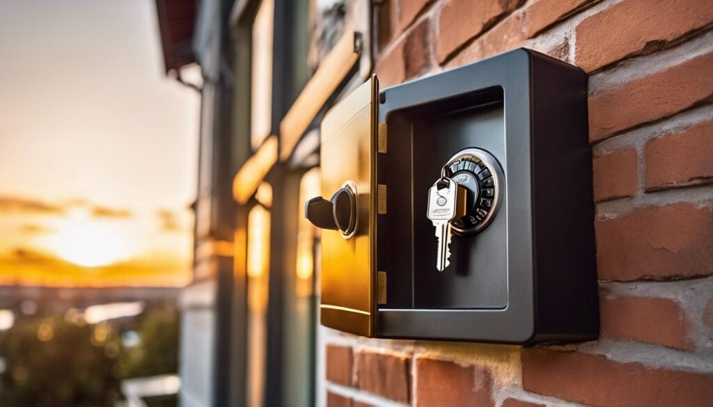 Een Keyguard sleutelkluis veilig gemonteerd op een muur in een woonwijk.