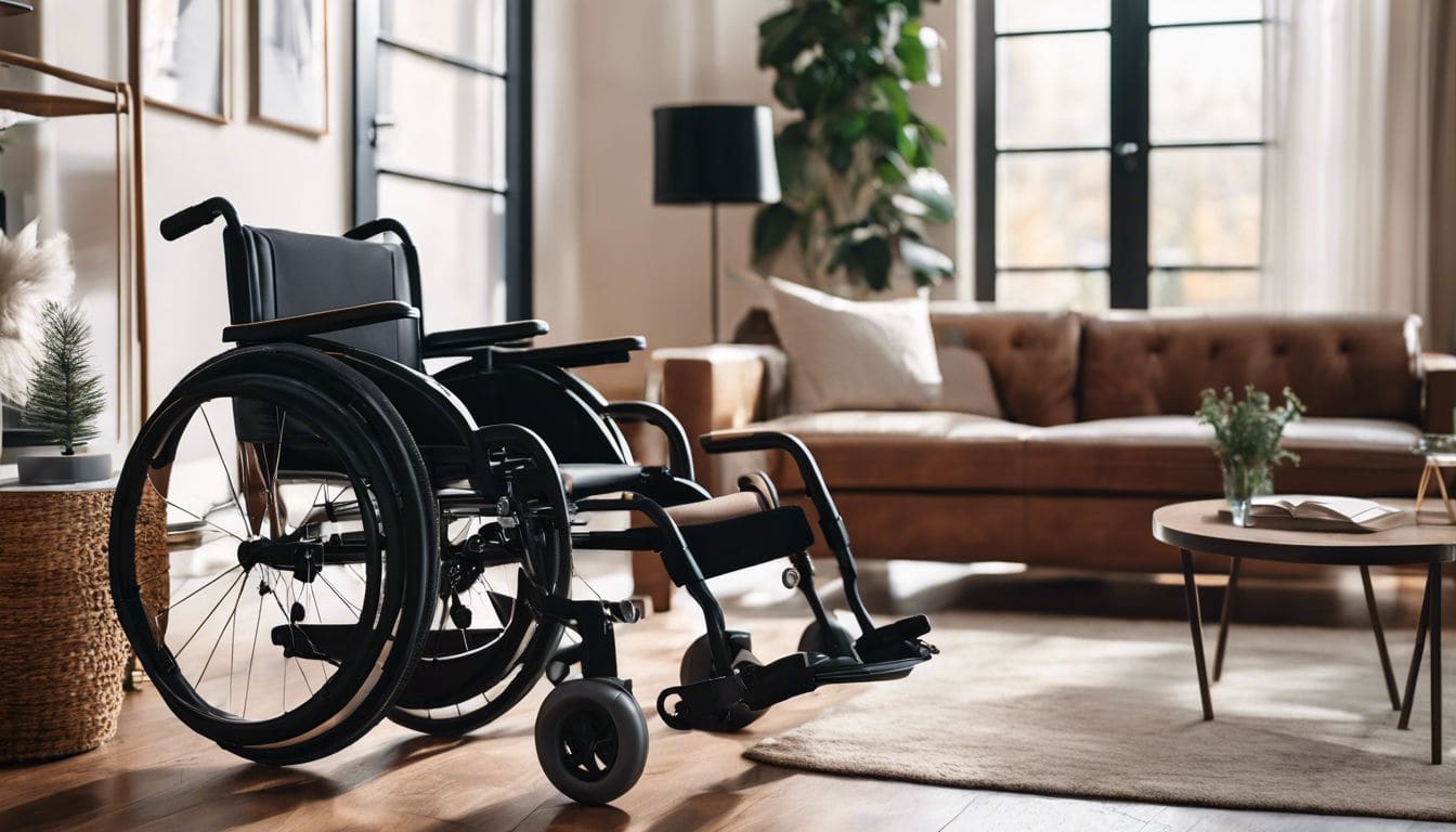 Een lichtgewicht rolstoel in een gezellige woonkamer met aandacht voor comfort.