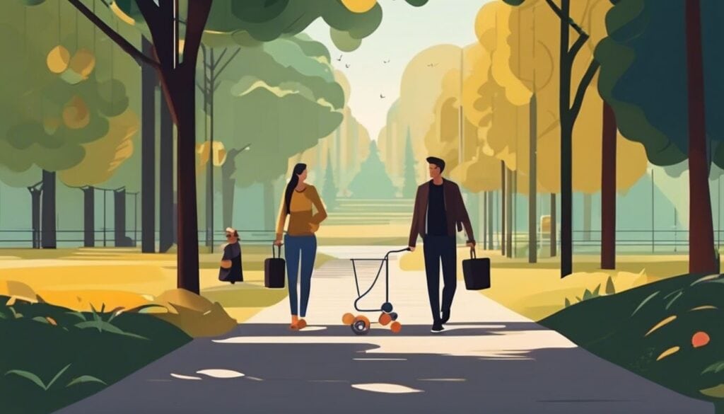 Twee mensen lopen met rollators in een rustig park, genietend van de natuur.