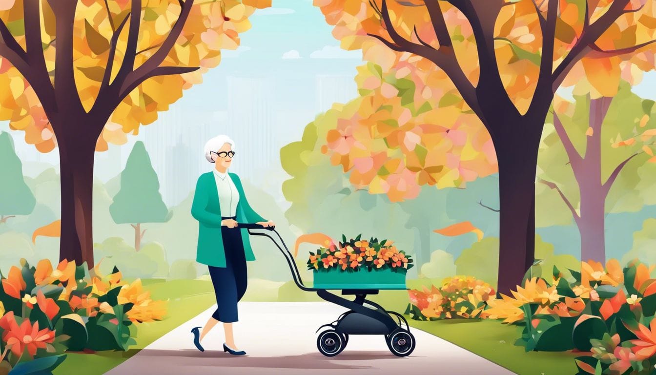 Een zelfverzekerde oudere vrouw gebruikt haar Mango rollator in een rustig park, omringd door bloemen en bomen.