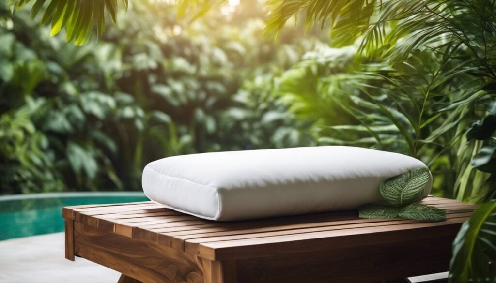 Een comfortabel massagekussen op een rustgevende spatafel, omringd door weelderig groen.