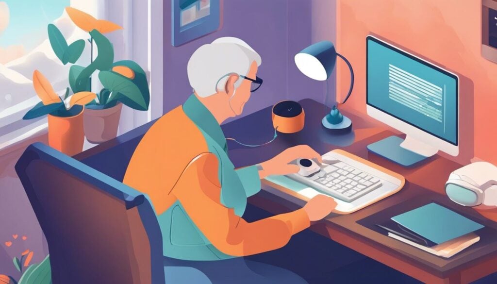 Een oudere persoon drukt op de Meander Personal Alert-knop in een druk en bewoond huis, benadrukt de urgentie van de actie.