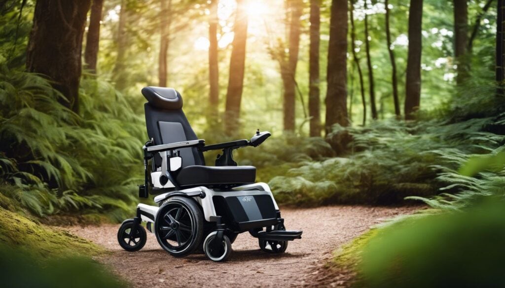Een comfortabele A Nuage rolstoel in een rustgevende bosomgeving.