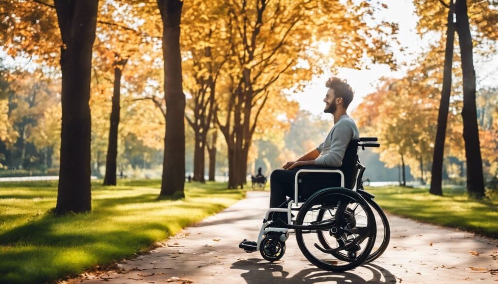Persoon met een Ottobock rolstoel in het park met een glimlach.