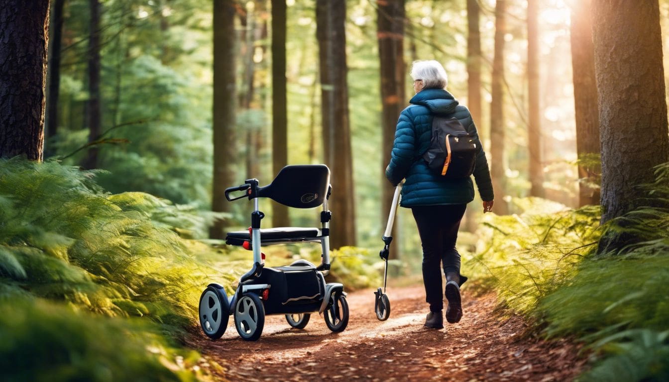 Een zelfverzekerde persoon maakt gebruik van de U-step Parkinson rollator in een serene bosomgeving.