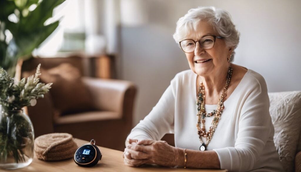 Een ouder persoon draagt een persoonlijk alarm hanger en zit comfortabel thuis, omringd door familiefoto's.