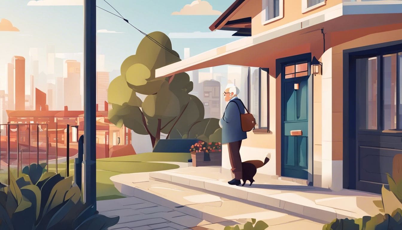 Een oudere persoon staat buiten hun huis met een Phoniro sleutelkluis, met een gevoel van veiligheid en onafhankelijkheid.