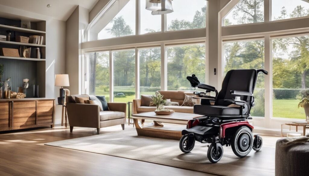 Een lege, verstelbare gemotoriseerde rolstoel in een ruime, goed verlichte woonkamer.