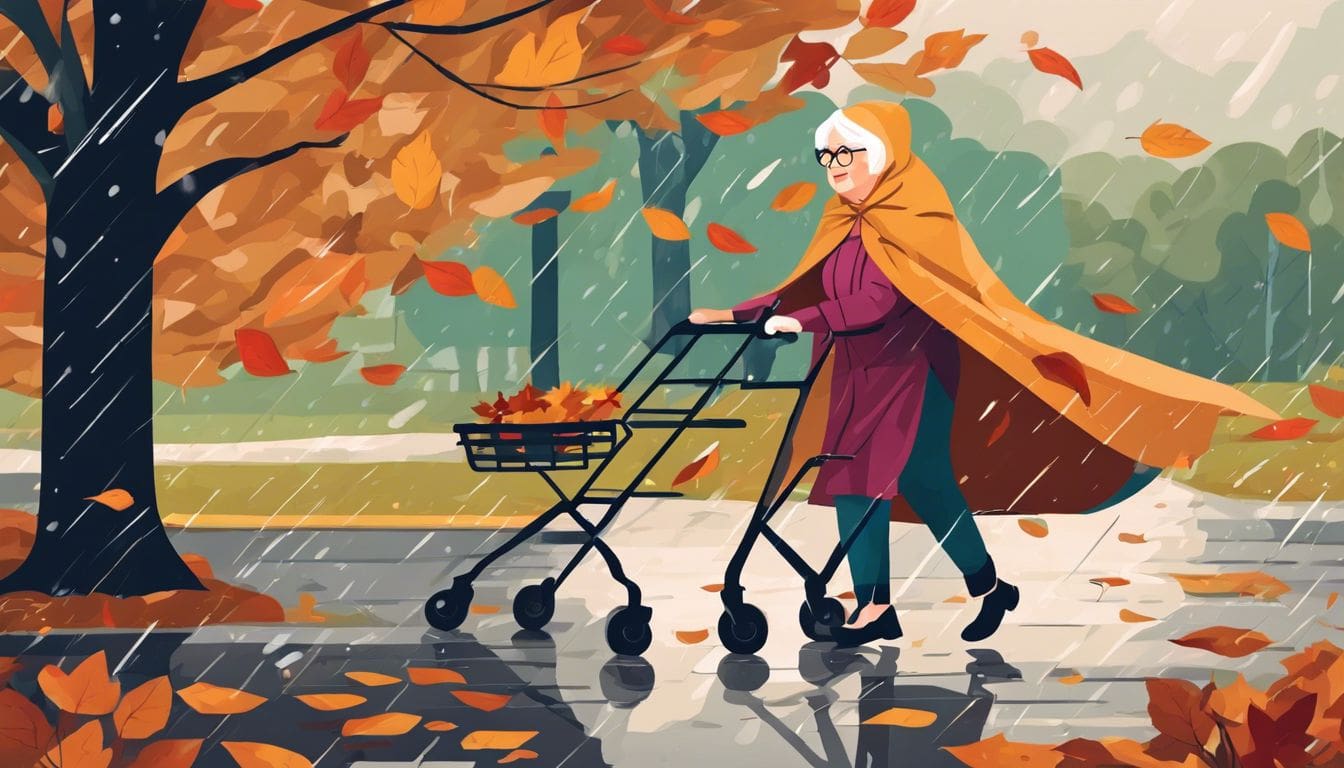 Een oude vrouw met een looprek gebruikt de Raincape Walker in een winderig en regenachtig park, met gevallen bladeren en nat wegdek om haar heen, met een gevoel van veerkracht en vastberadenheid.