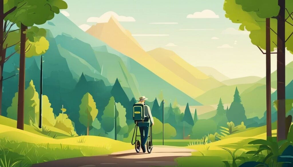 Een vredig natuurpad met een ANWB-wandelaar omringd door weelderig groen en een ontspannen sfeer.