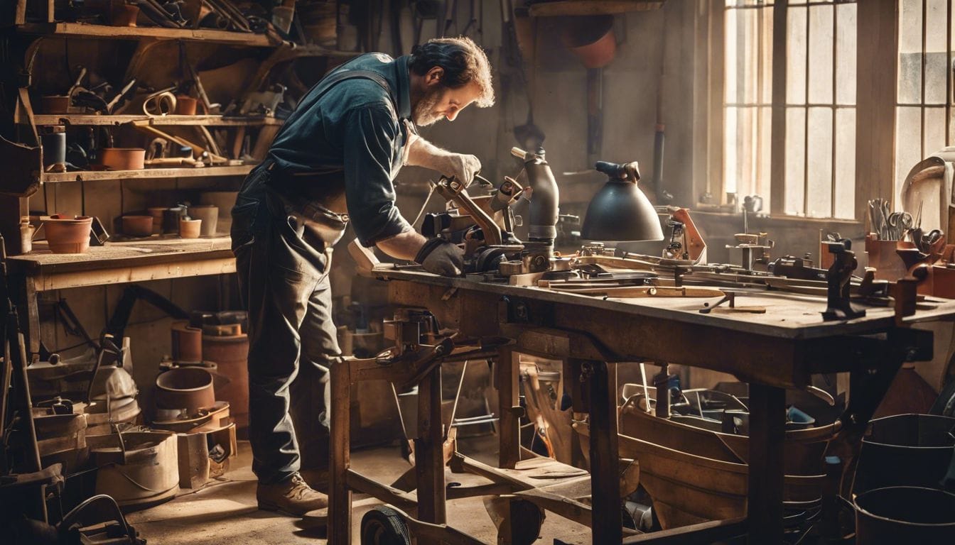 Een persoon repareert een rollator omringd door gereedschap en reserveonderdelen in een goed verlichte werkplaats.