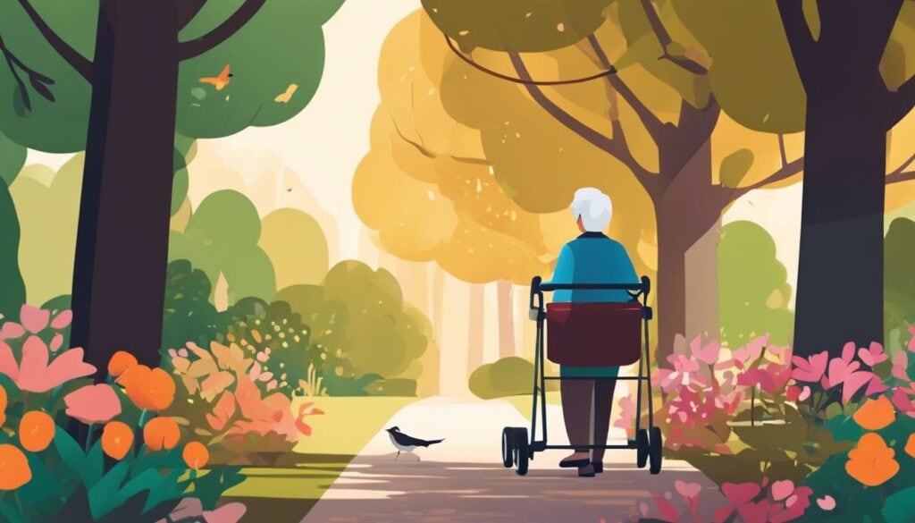 Een oudere persoon loopt vol vertrouwen in een rustig park met een rollator, omringd door serene natuur.