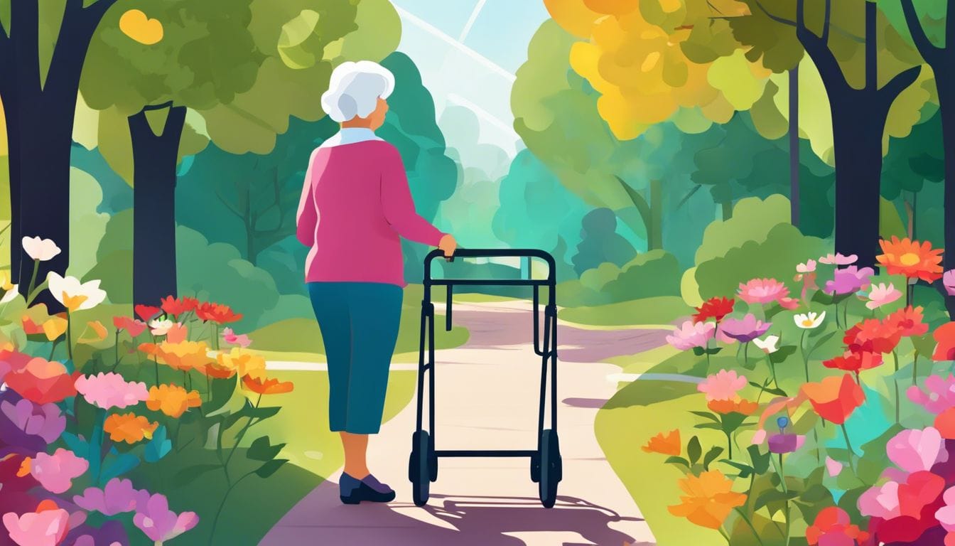 Een oude vrouw gebruikt een rollator met een IV-standaard in een park, omringd door kleurrijke bloemen en bomen.