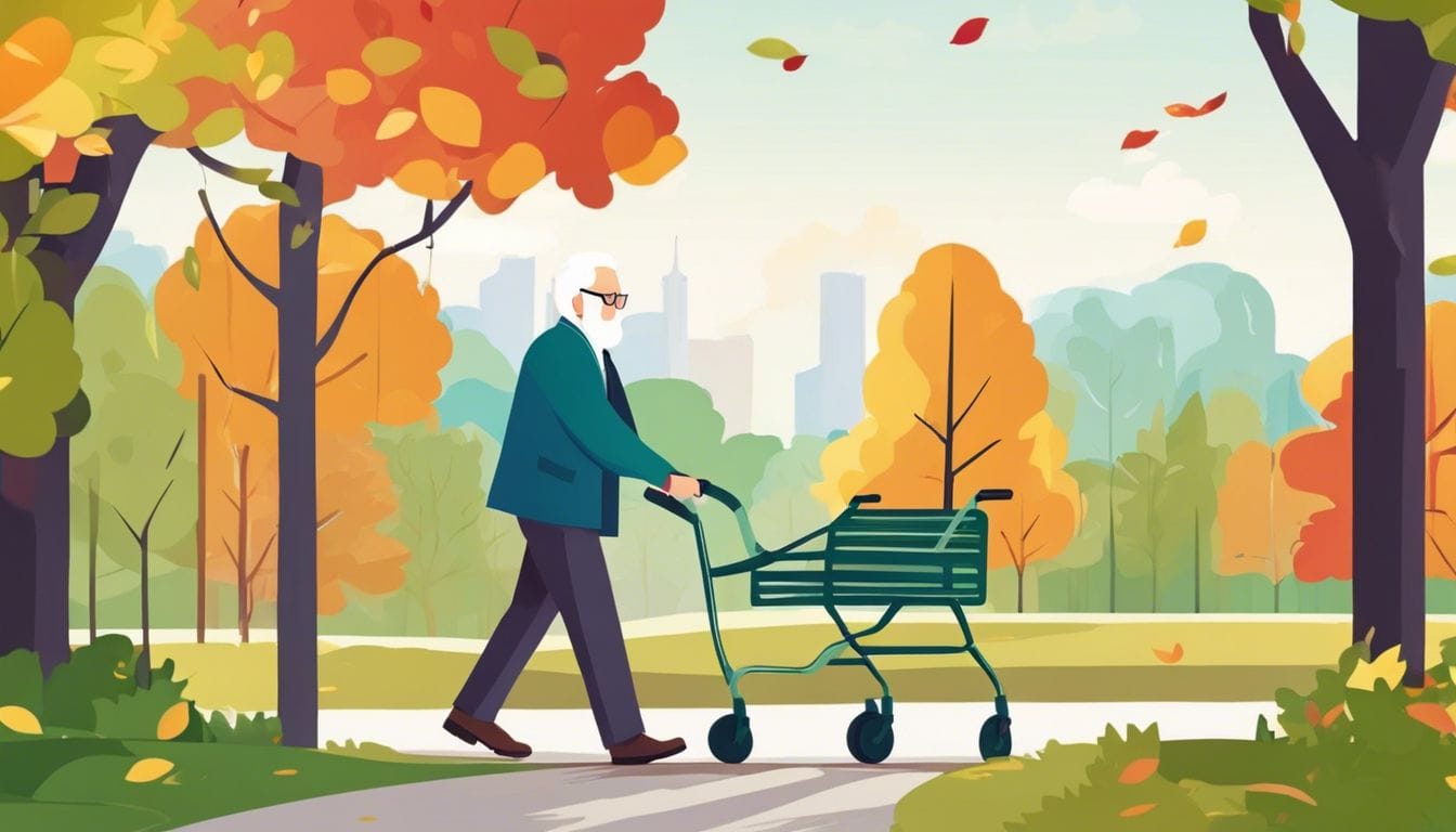 Een oude man wandelt vol vertrouwen met een rollator in een park, omringd door bomen en de serene schoonheid van de natuur.