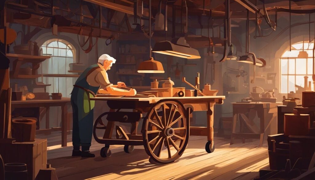 Een oudere persoon stelt de remmen van een rollator af in een goed verlichte werkplaats.