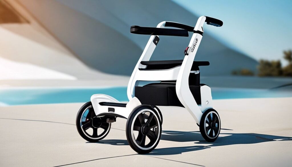 Een looprek met nieuwe vervangende wielen, om de strakke vormgeving en functionaliteit te benadrukken.