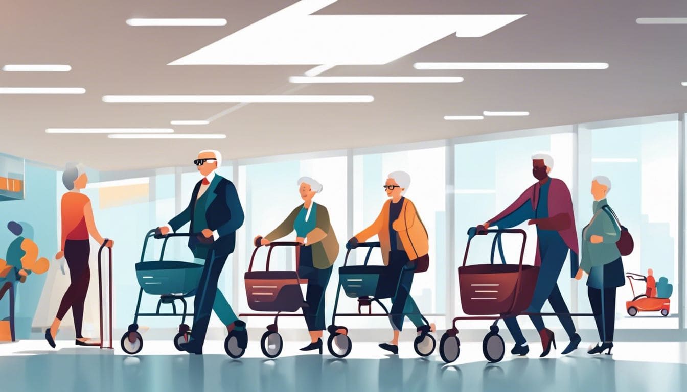 Een oudere persoon test een rollator uit in een moderne showroom, met de nadruk op vastberadenheid.