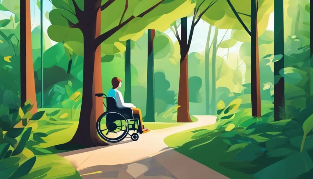 Een persoon in een rolstoel navigeert door een rustig park.