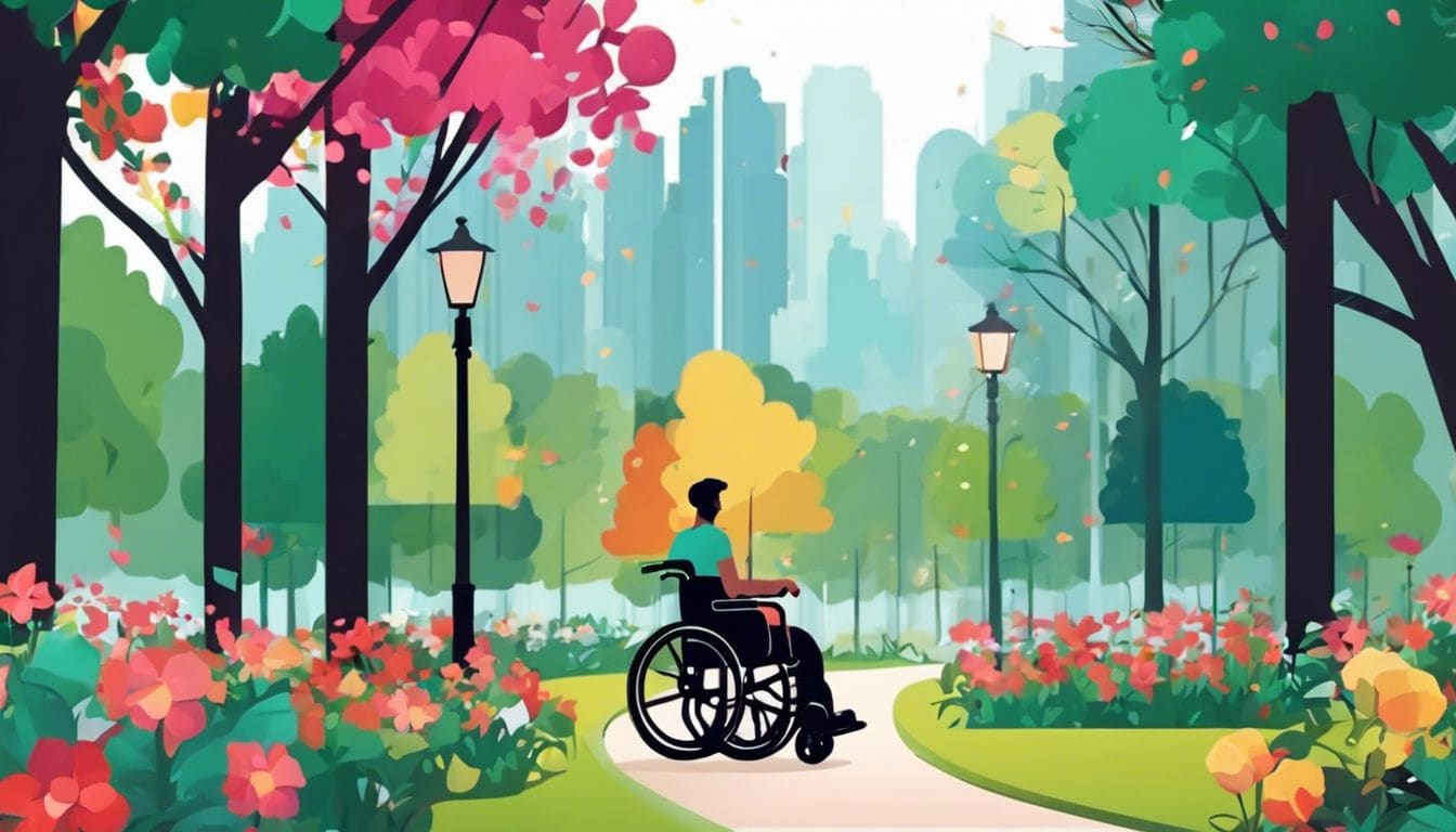 Een persoon in een rolstoel geniet van de natuur in het park.